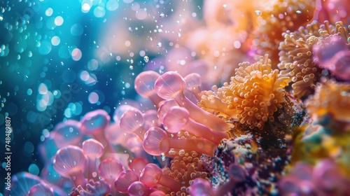 Vibrant Underwater Sea Anemones and Bubbles