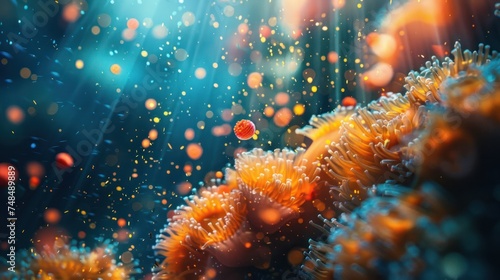 Vibrant Underwater Sea Anemones and Bubbles © happysunstock