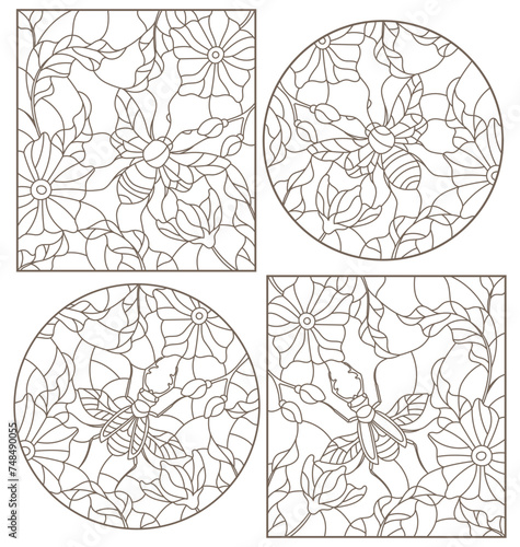 Set of outline illustrations with insects and flowers  Rhino beetle and bee  dark outlines on white background