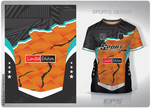 Vector sports shirt background image.Black stripes orange tear marks pattern design, illustration, textile background for sports t-shirt, football jersey shirt.eps