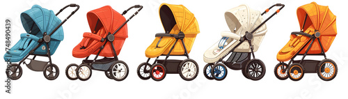 modern collection of 3 baby stroller designs, essential for newborn care, featuring stylish pushchairs and carriages on wheels, cut out isolated on transparent PNG background. photo