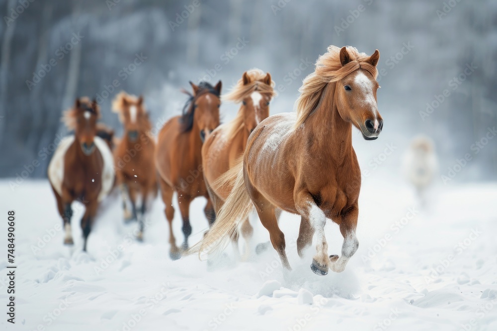 Herd of wild horses galloping vigorously through a snowy landscape with trees in the background. Herd of wild horses galloping vigorously through a snowy landscape with trees in the background.