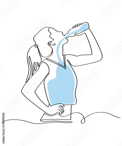 Hand drawn woman in one line style in sportswear drinks water. Compliance with drinking regime. Water balance as a continuous line. Vector illustration.
