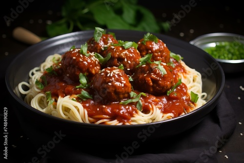 Creamy Serving bowl with white poultry meatballs sauce. Creamy dairy sauce with delicious chicken balls. Generate ai