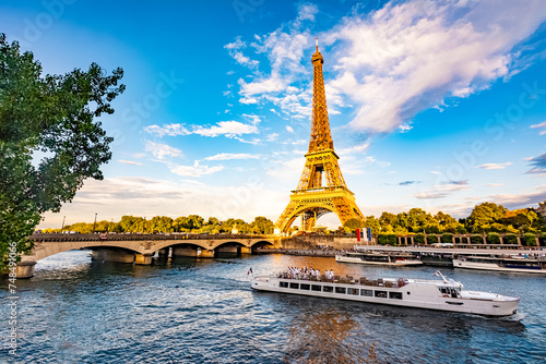 Scenic panorama of Eiffel Tower, Seine River, and pont d'lena in Paris, France