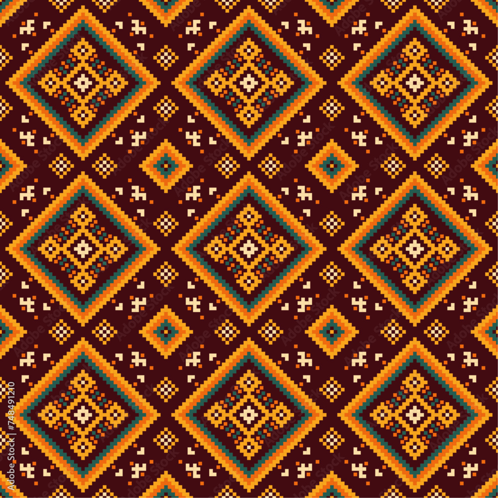 Seamless ethnic pattern inspired by traditional embroidery techniques. Geometric shapes and bold colors create a striking fabric design. Seamless ethnic pattern inspired by traditional embroidery techniques. Geometric shapes and bold colors create a striking fabric design.