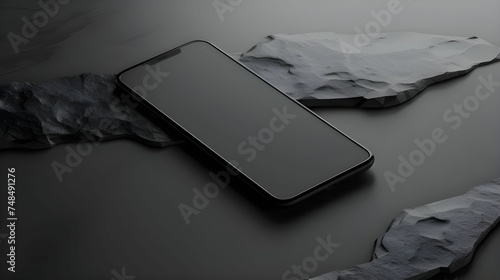 Smartphone on Textured Dark Stone Surface Ai generated
