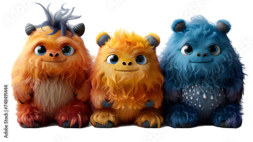 Set of 3 Adorable Plush Monster Creatures - Transparent PNG Background isolated on transparent © sachal
