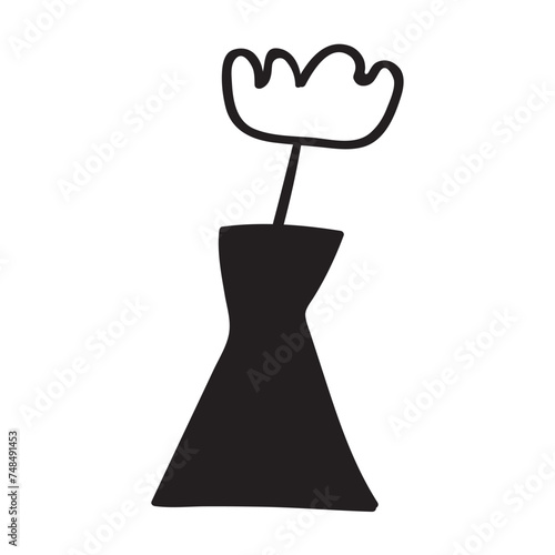 Black vase with flower. Outline isolated icon. Vector graphic design on white background.
