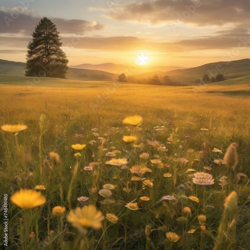 "A picturesque meadow at sunrise, bathed in golden hues, showcases charming greenery with dew-kissed grass and a kaleidoscope of wildflowers."