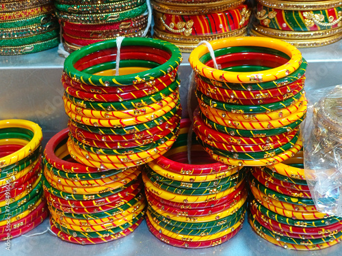 Indian colorful bangles displayed in local shop in a market of Indore, India, These bangles are made of Glass used as beauty accessories by Indian women.