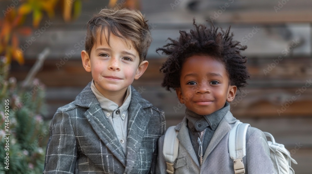 Two Boys in Stylish Suits and Backpacks Two Boys in Stylish Suits and Backpacks