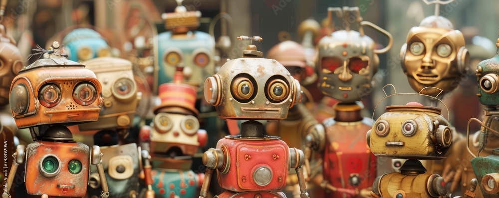 Old-timey robot parade tin men and women