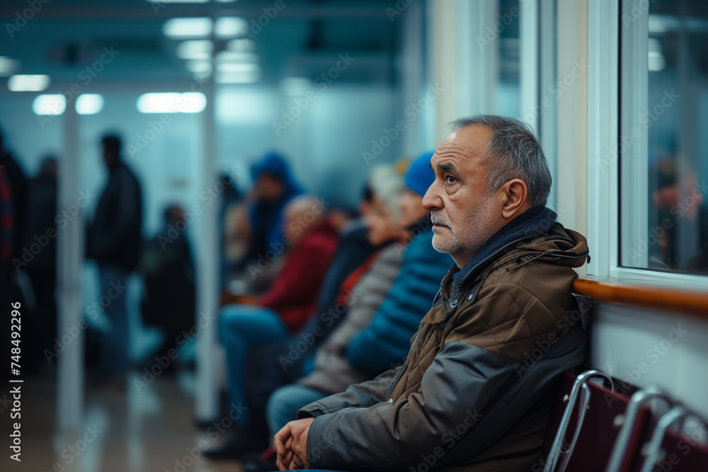 Senior man waiting patiently in a migration office, reflecting the challenges faced by immigrants in seeking employment and stability. Senior man waiting patiently in a migration office, reflecting the challenges faced by immigrants in seeking employment and stability.