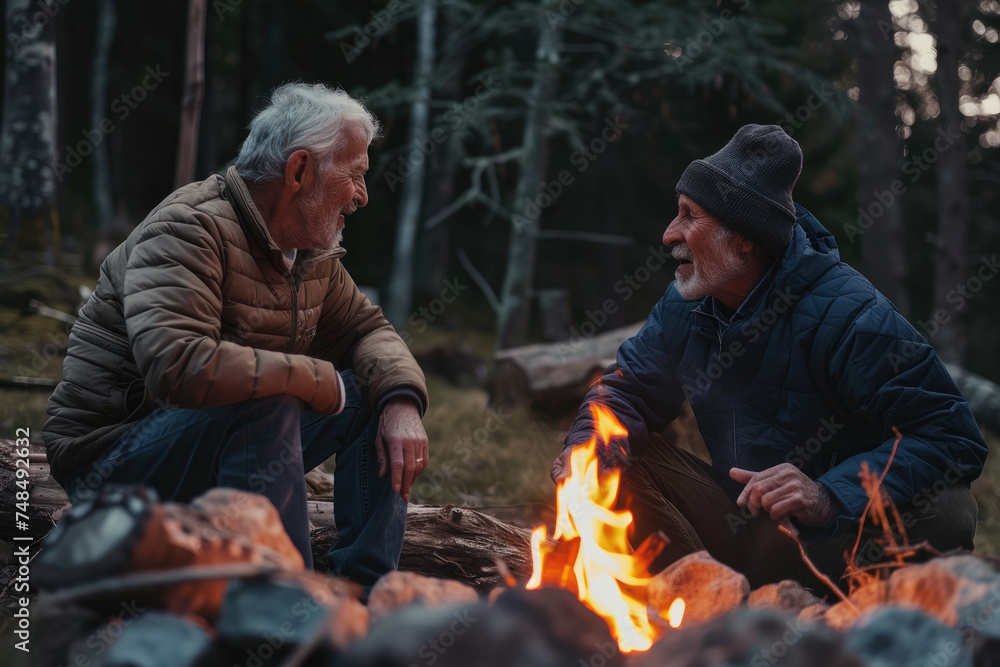 adult man and his senior father talking by campfire in nature - obrazy, fototapety, plakaty 
