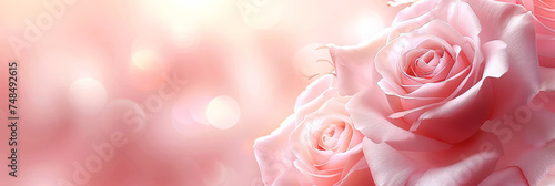 pink rose on blurred background. peach fuzz rose  empty space banner
