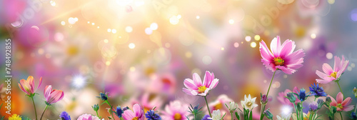 Spring flowers background with sunbeams  perfect for springthemed designs  nature projects  backgrounds  greeting cards  and floralthemed marketing materials.
