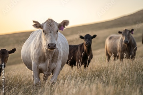 Fototapeta Naklejka Na Ścianę i Meble -  Close up of fat Angus and Murray Grey Cows eating long pasture in Australia at dusk