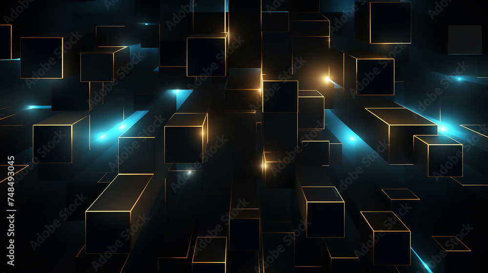 Abstract square technology dark blue gold gradient background with digital geometric shape and line. Abstract technology futuristic glowing blue and gold light lines with speed motion blur effect. Abstract square technology dark blue gold gradient background with digital geometric shape and line. Abstract technology futuristic glowing blue and gold light lines with speed motion blur effect.