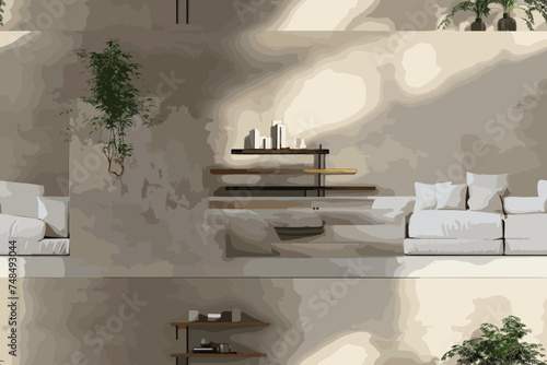 Relaxing room interior with seats and coffee table, wooden commode with books and decoration