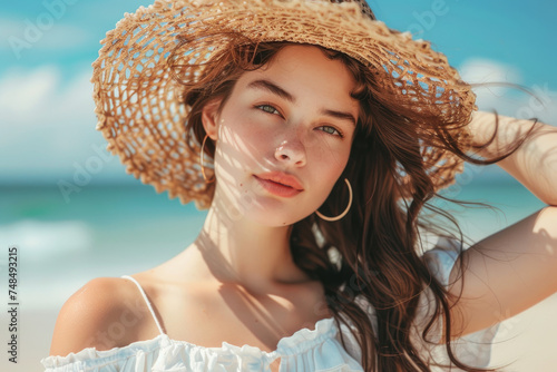 Portrait of beautiful woman in summer style fashion trend outfit at beach