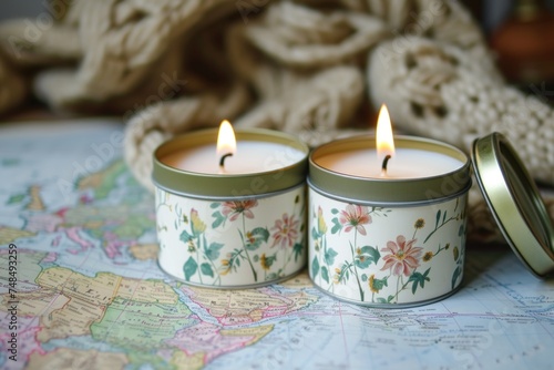 Two small hand-poured candles in floral travel tins on a map background.