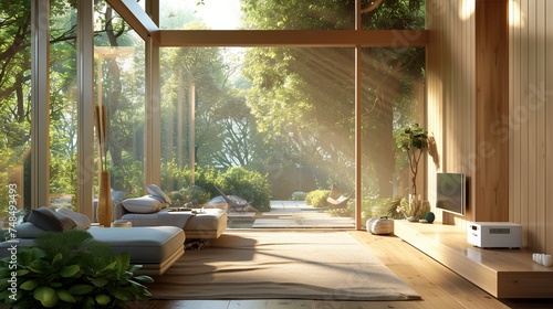 a modern living room with large windows overlooking a serene garden