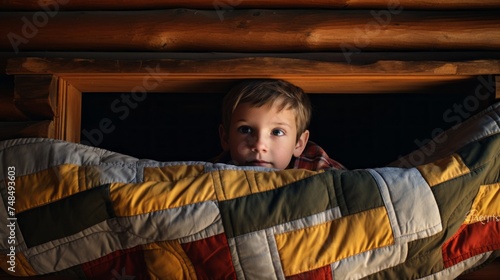 A little handsome boy wrapped in a multicolored quilt lies in a log cabin in the woods.