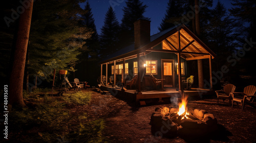 A starry night sky over a rustic cabin in the woods, with a campfire in front.