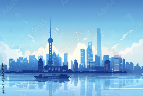 The shanghai skyline of blue and silver color.