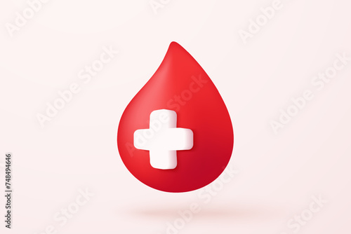 3d blood drop with medical sign on pastel background. World Blood donor day, healthcare, hematology, medicine minimal concept. 3d medical icon vector with shadow render illustration