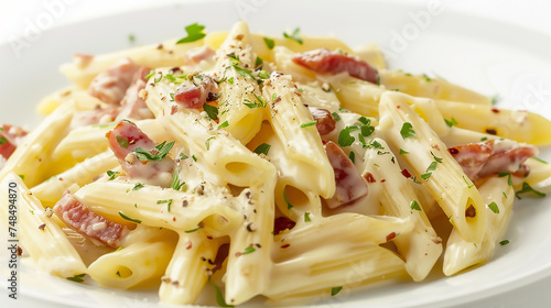 Penne creamy pasta carbonara close up