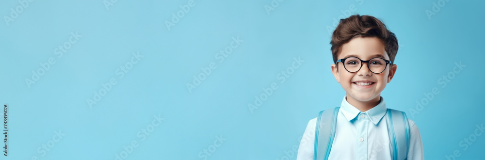 Portrait of a schoolboy on a blue background, with space for text, banner