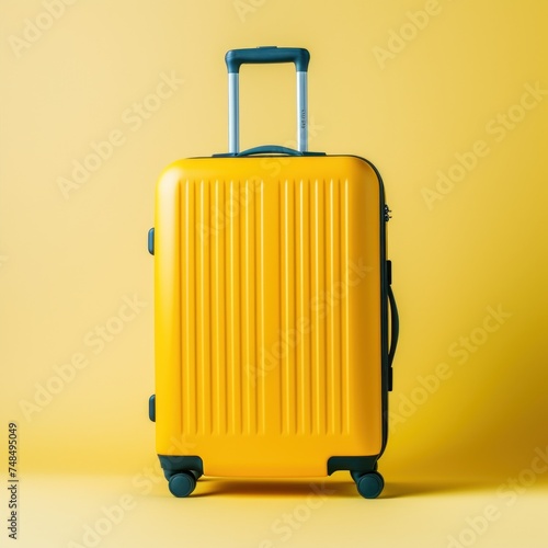 Bright yellow hard-shell suitcase with telescopic handle, standing upright on a matching yellow background.