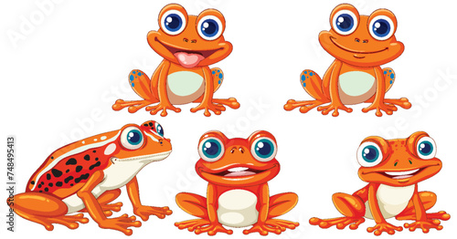 Set of cute, vibrant cartoon frog illustrations.