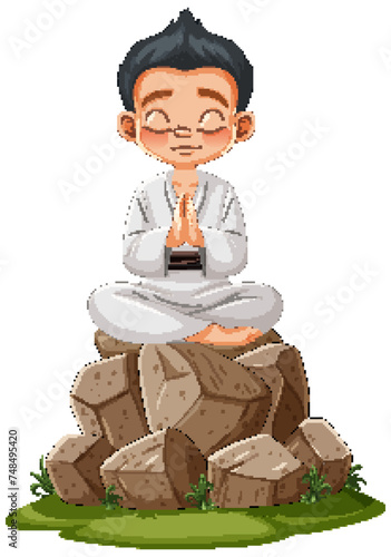 Cartoon boy meditating peacefully atop stone pile.