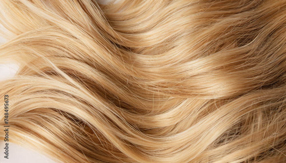 Blond hair close-up as a background. Women's long light brown hair. Beautifully styled wavy shiny curls. Hair coloring. Hairdressing procedures, extension. Blond hair close-up as a background. Women's long light brown hair. Beautifully styled wavy shiny curls. Hair coloring. Hairdressing procedures, extension.