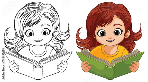 Two cartoon girls engrossed in reading colorful books
