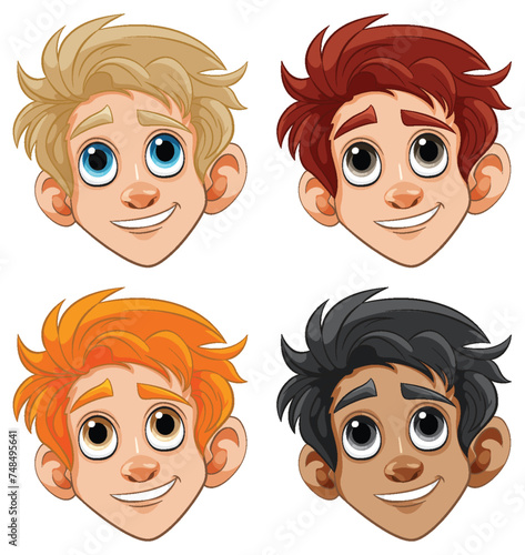 Four cartoon boys with different hairstyles and skin tones