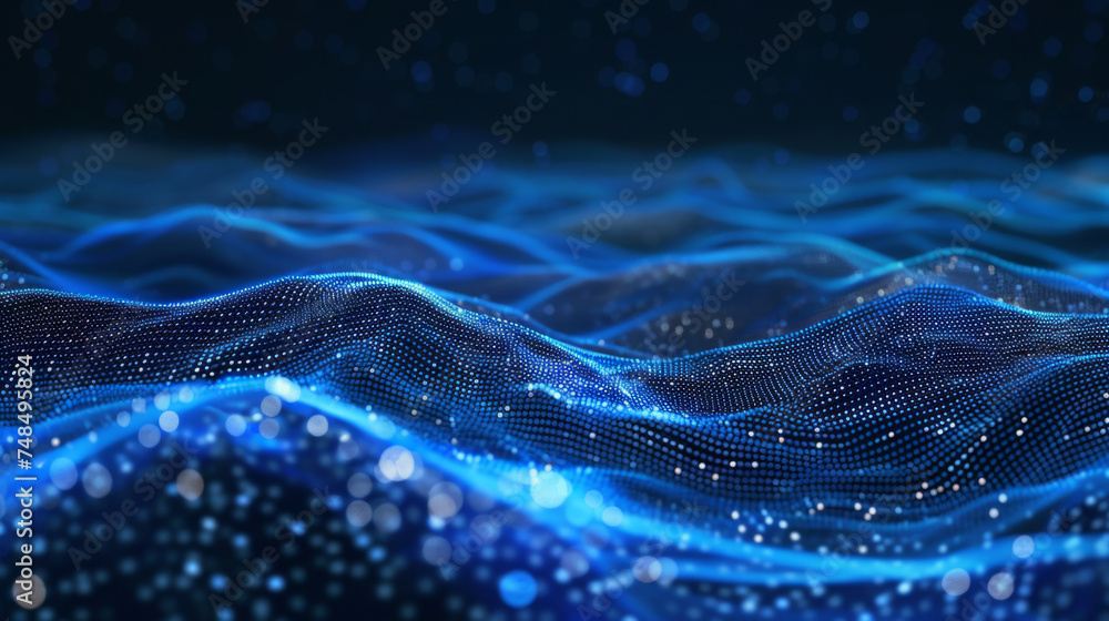 Fototapeta premium Blue waves and lines on a dark background.