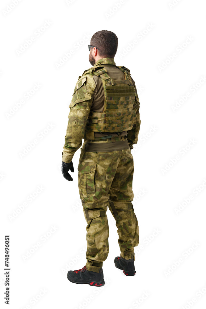 Back view of male soldier in military uniform isolated on white background