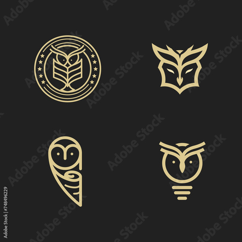 Premium  Modern  Youthful  Gold Color Owl Bird Logo Set Collection For Technology  Multimedia  Business  Educational Service Company With Black Background