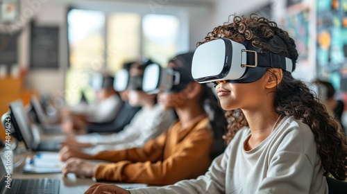 A group of children watches VR in a modern classrom photo
