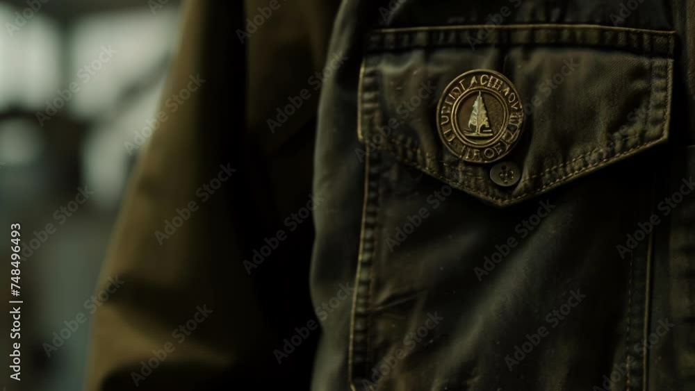 A zoomedin view of a badge worn by a worker bearing the words Made in ...
