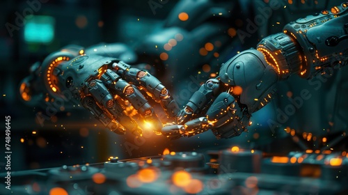two robotic arms engaged in a precise operation. The sparks flying from their touch points illustrate a high-precision task, perhaps welding or circuitry assembly, set against a backdrop of a futurist