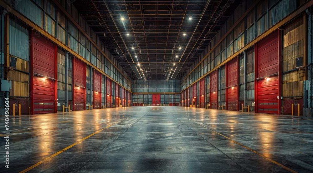 An empty, dimly lit hallway in a wherehouse building at night An empty, dimly lit hallway in a wherehouse building at night