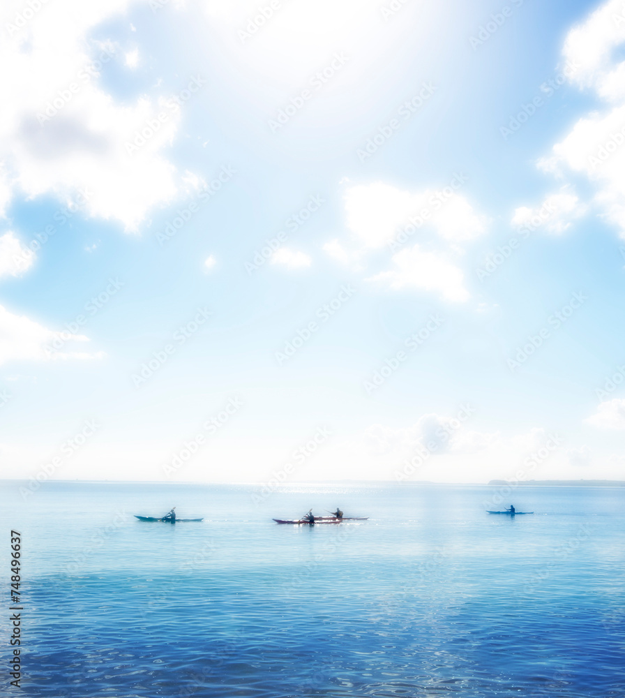 Water, ocean and group rowing kayak on holiday, vacation or travel in summer outdoor. Sea, people and canoeing together in transportation for exercise, sport and silhouette in nature on mockup space