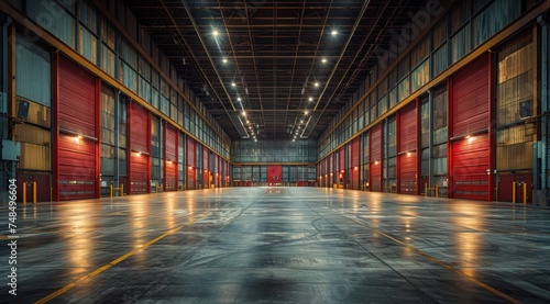 An empty, dimly lit hallway in a wherehouse building at night