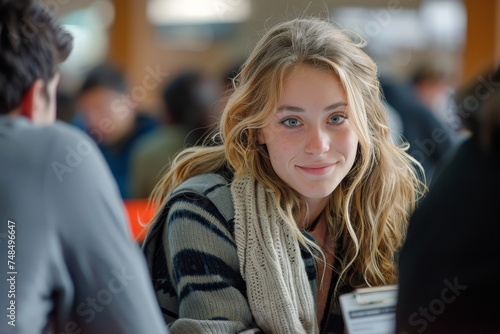 A smiling young woman with bright eyes engages socially, capturing a moment of authentic human connection.