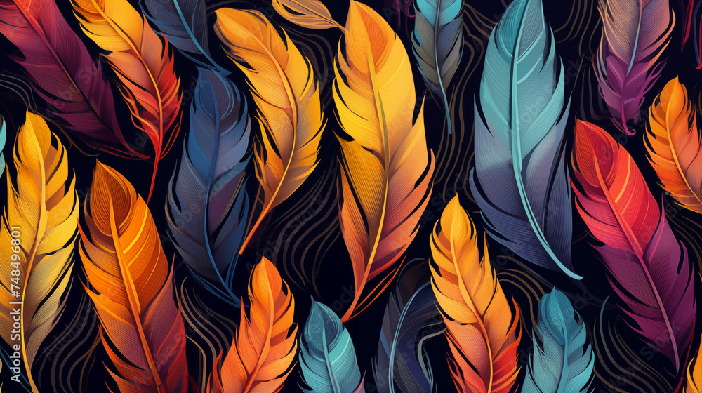 Colorful feathers array on black background. Generative AI Colorful feathers array on black background. Generative AI